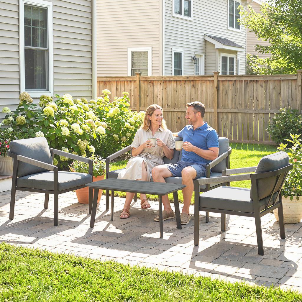 Aluminium Garden Furniture Set, 4 Seater Outdoor Patio Furniture with Loveseat, 2 Armchairs, Slatted Table