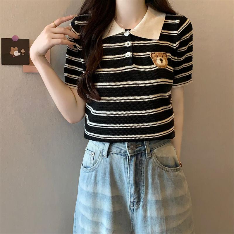 T-shirt Tricoté Rayé Brodé à Manches Courtes avec Ours en Peluche Design Minceur d'Été pour Femme Polo de Niche Haut d'Épaule