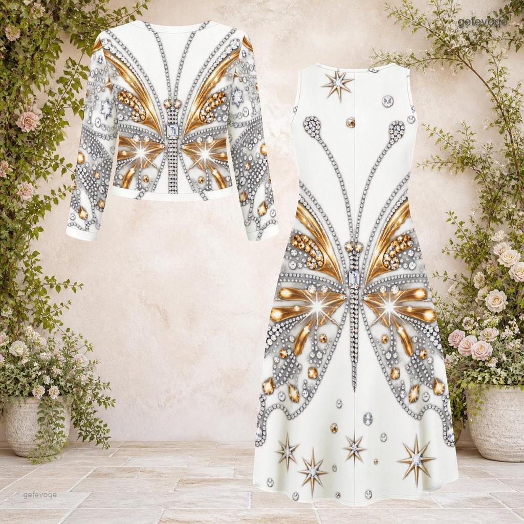 Women Plus Size 2 Piece Printed Dress Set Round Neck Long Sleeve Cardigan Sleeveless Black Blue Dress