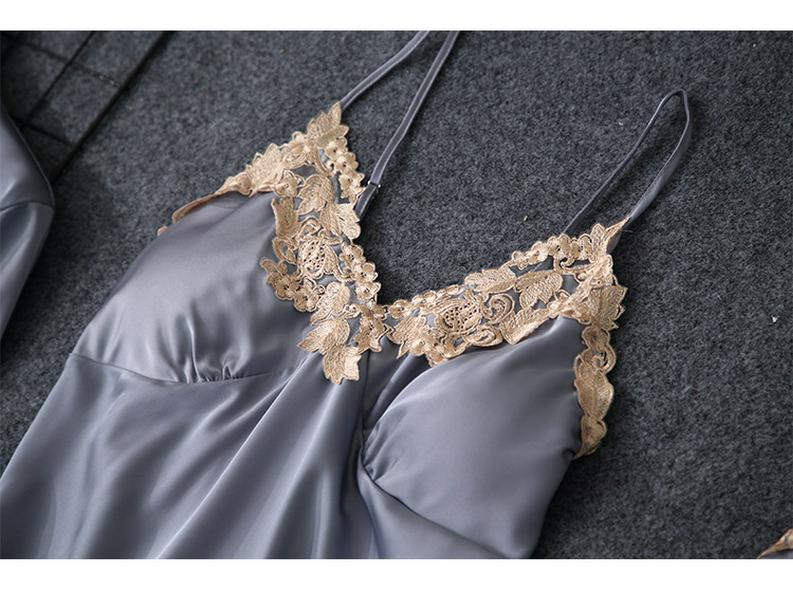 Women's Satin Chiffon Five-Piece Pajama Set: Sexy Faux Silk with Camisole, Robe, and Chest Pads for Autumn and Summer.