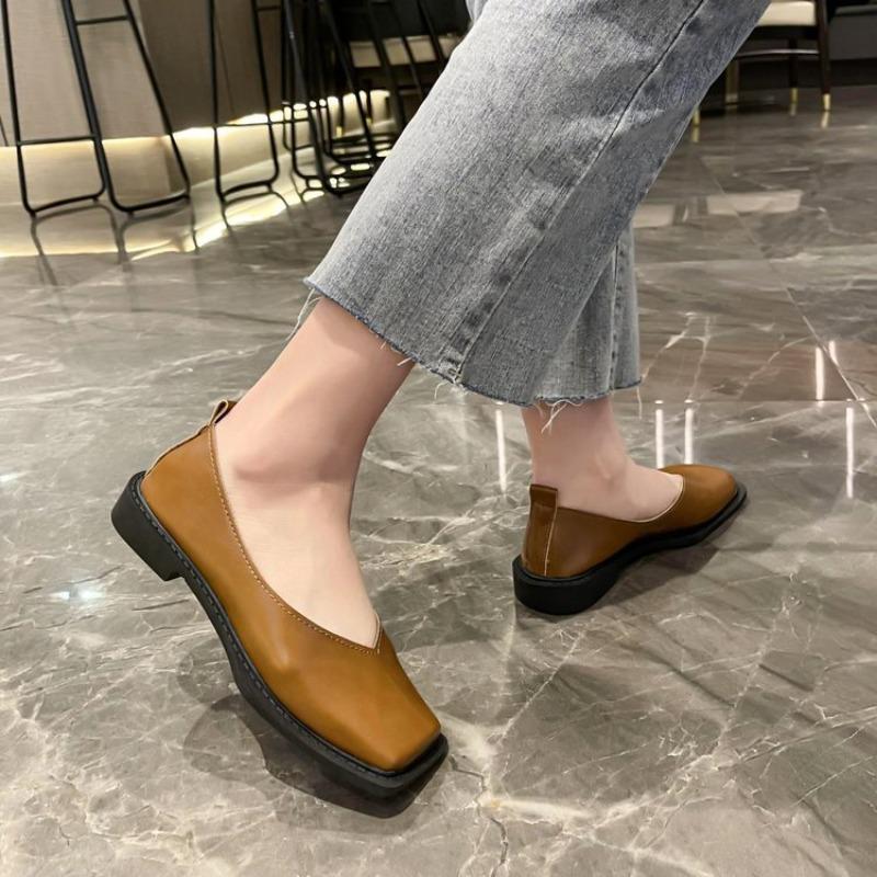 2025 Flat Shoes Women Square Toe Simple Shallow Mouth Temperament Leather Spring Square Head Fashion Single Shoes