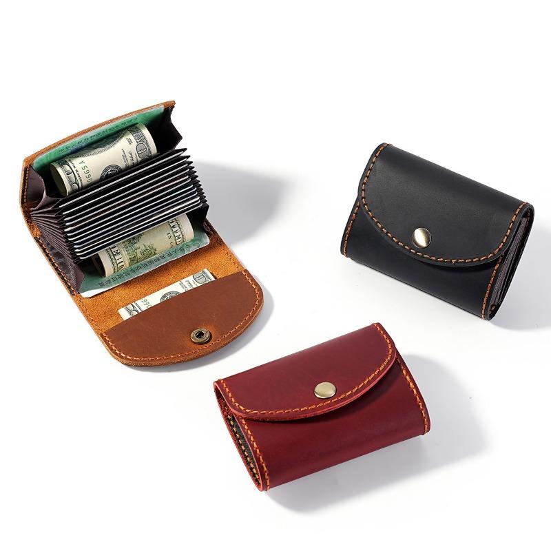 Vintage Crazy Horse Leather Card Holder for Women, Men Retro Accordion Design Snap Closure Wallet with Multi-Card Slots Unisex
