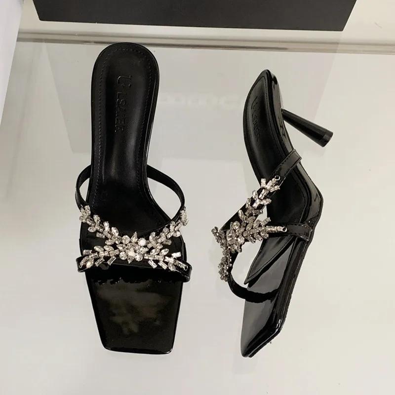 Luxury Rhinestone Open Toe Heeled Shoes Woman Satin Square Toe Designer Women Sandals Fashion Elegant Thin Heeled Slide Sandals