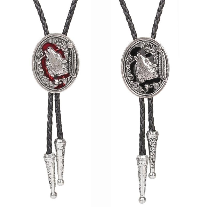 Metal Wolf Bolo Tie Wolf Necktie for Shirt Jeans Western Necklace Braided Shoestring Necktie Bolo Tie