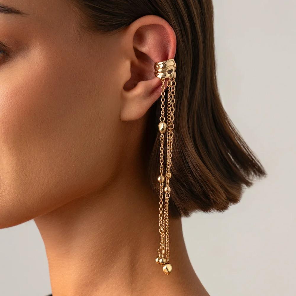 Fashion Long Metal Bead Chain Tassel Fake Piercing Clip Earrings for Women Personalized Ear Cuff Buckle Clip Trendy Jewelry Gift
