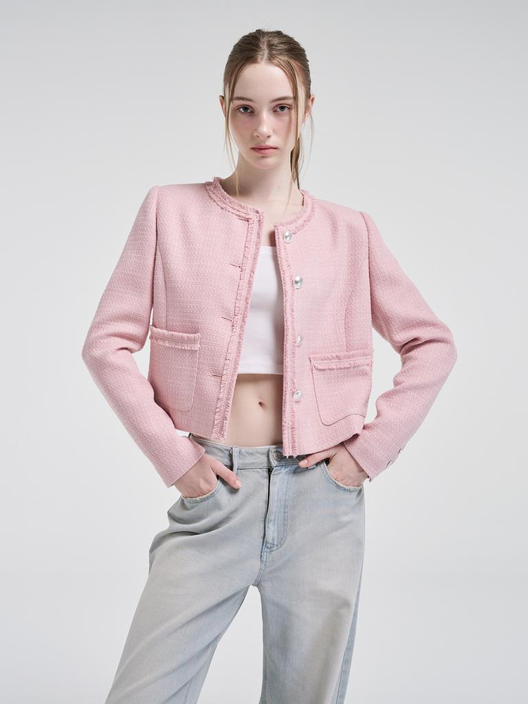 Etmon Fringe Detail Tweed Jacket, Pink