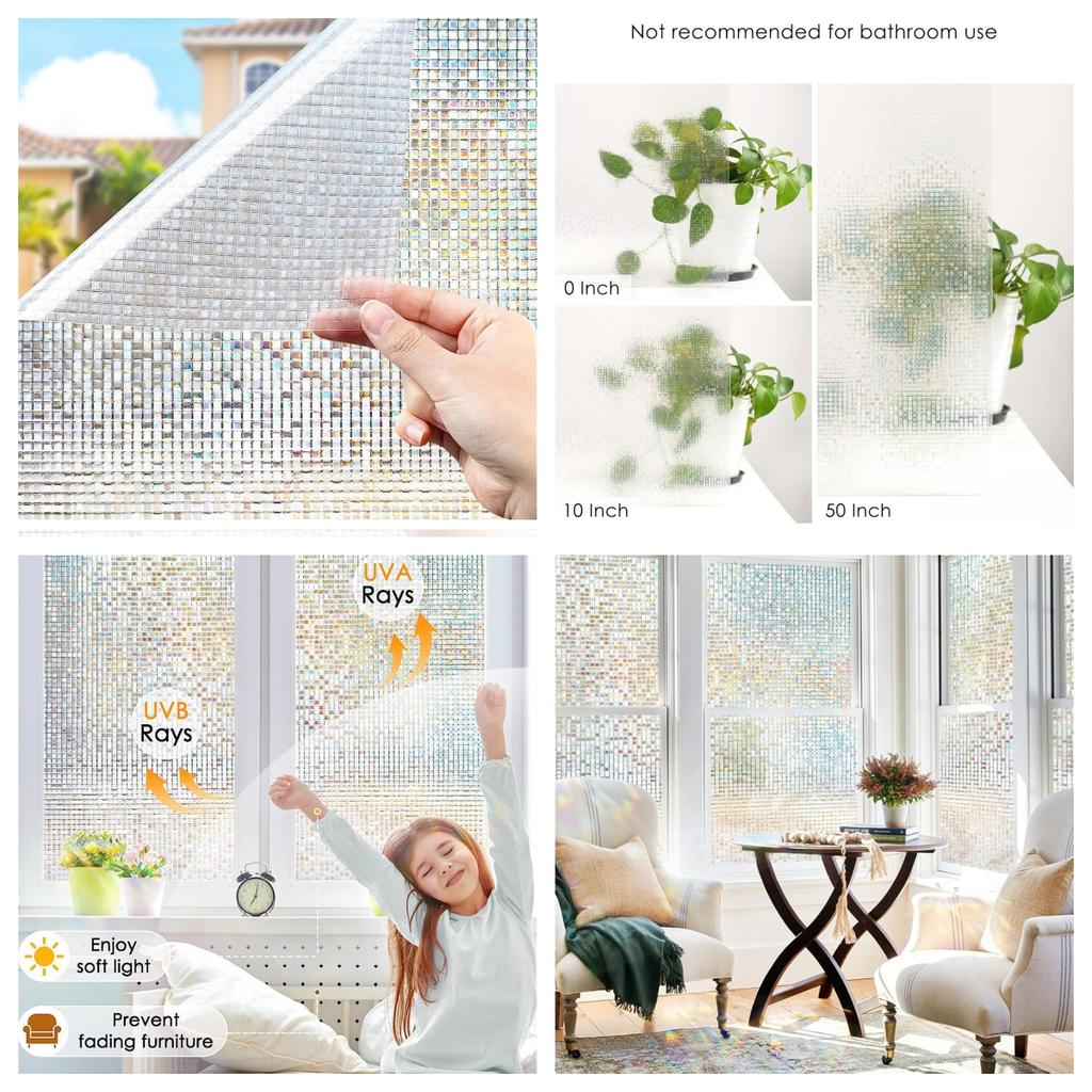 Wide 75/90 Cm Rainbow Privacy Window Film, Static Cling Insulation Window Tint, Non Adhesive Decorative Window Glass Sticker