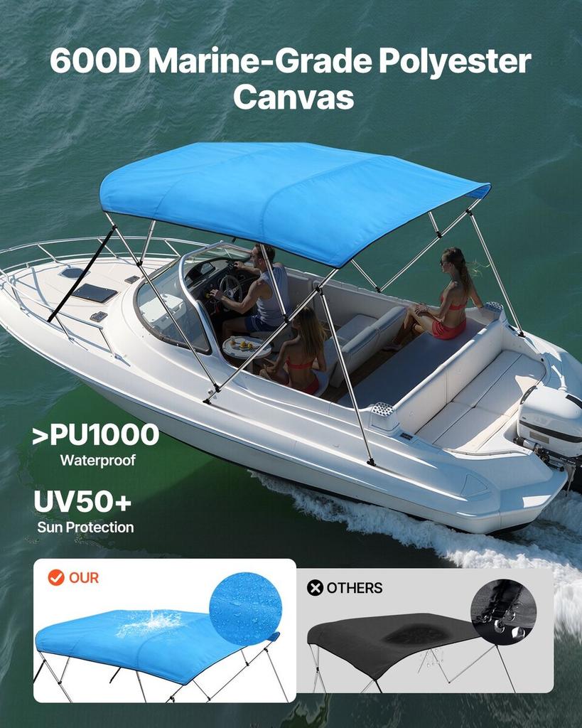 4 Bow Boat Bimini Tops 96"Lx(85"-90")W X 54"H Awning Canopy Pacific Blue