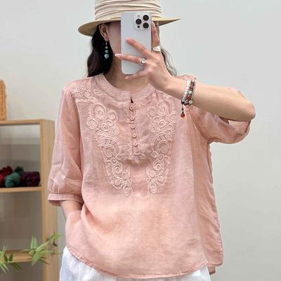 Spring and Summer New Versatile T-shirt Large Size Women's Five-quarter Sleeve Stand-up Collar Embroidered Cotton and Linen Literary and Retro Top