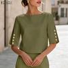 Women Casual Round Neck Solid Color Half Sleeve Blouse