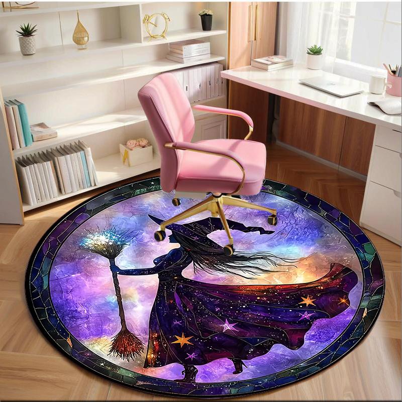 Witch Flying Through Starry Sky Round Carpet Chair Cushion Round Entryway Rug, Soft Round Rugs for Living Room, Bedroom, Circle Carpet Decor Gifts