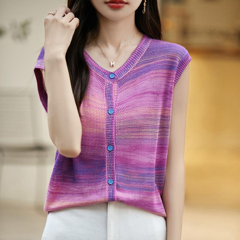 Women's wool sleeveless cardigan Qinghe cashmere 50% silk 50% wool spring and summer wool short sleeve sleeveless vest soft and comfortable