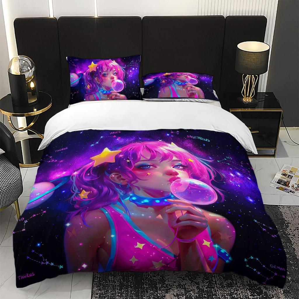 3pcs Anime Girl for galaxy Bedding Duvet Cover Set Zodiac Constellation Bedding Quilt Set Cute Girl Themed Bed Quilt Set Space