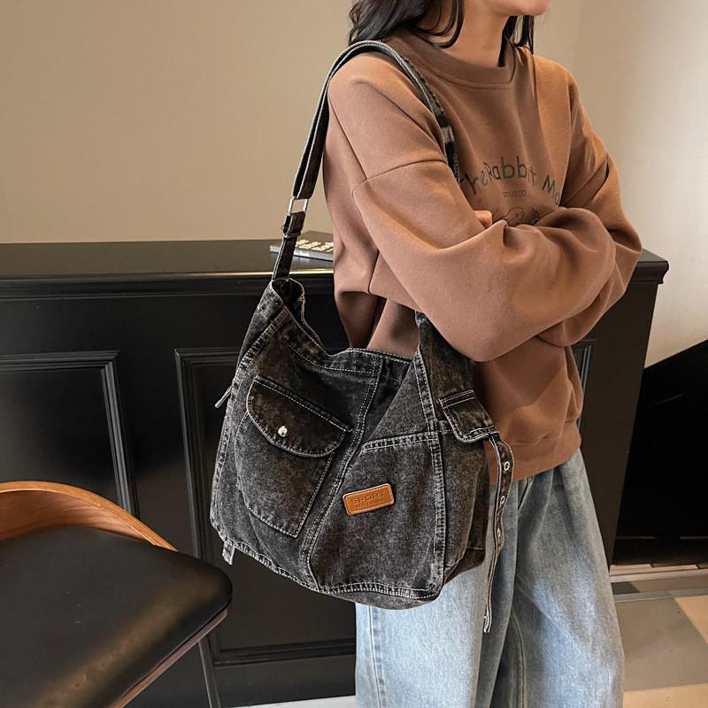 Vintage Inspired Denim Shoulder Bag With Zipper Closure For Women Fashion