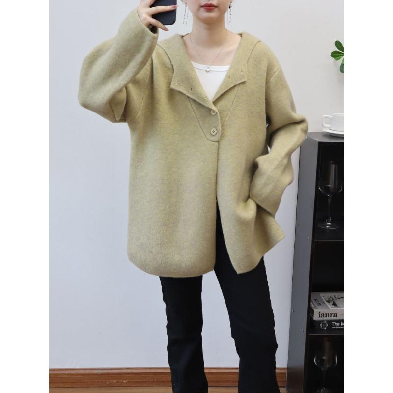 

Осень и зима новый дизайн с капюшоном чувство средней длины свитер куртка однотонный свободный высокий смысл вязаный кардиган женский One size желто-зеленый