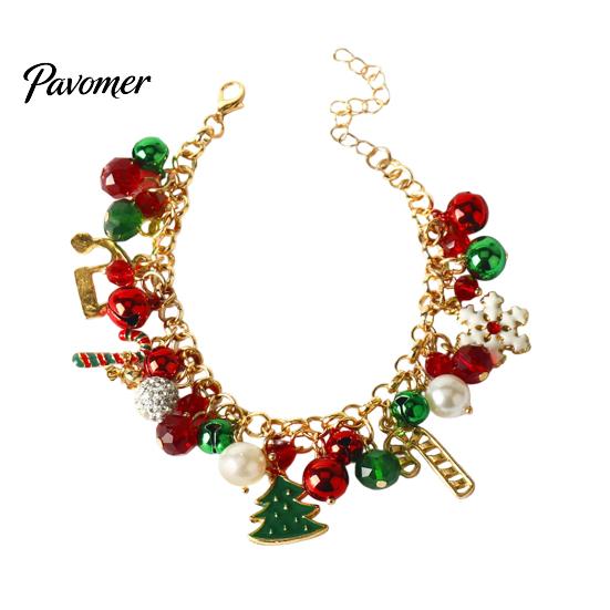 Holiday Jewelry Gifts Christmas Charm Bracelet for Women, Santa Claus Snowman Bell Glove Festive Snowflake Bangle Tree Pendant Bracelet, Adjustable