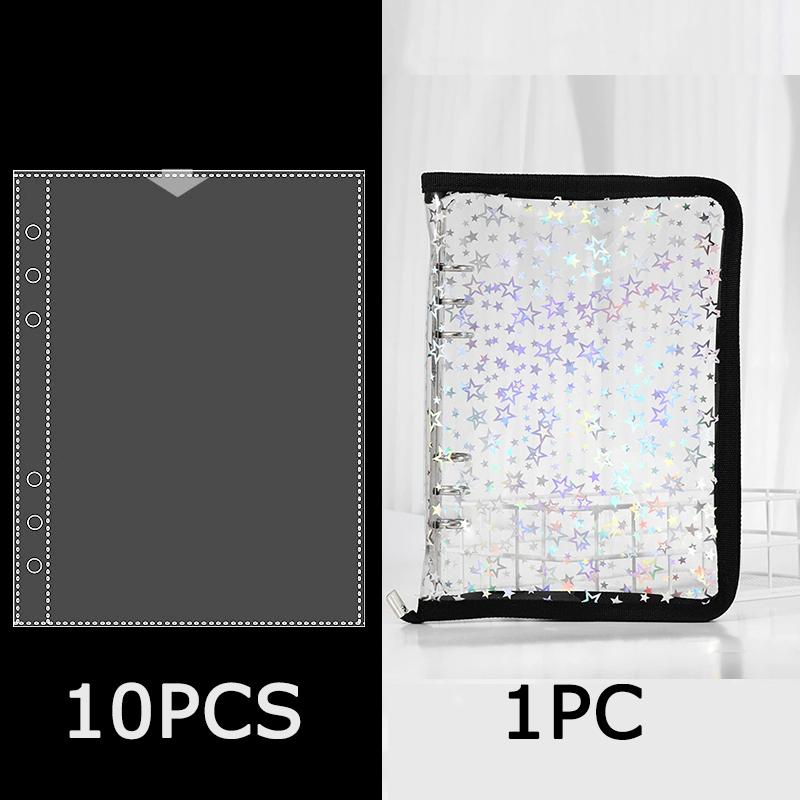 

WTEMPO Laser Stars Printed A5 6-hole Simple Transparent Sparkling PVC Zipper Bag with Loose-leaf Clip Photo Album Colletion Card Holder 11pcs чёрный