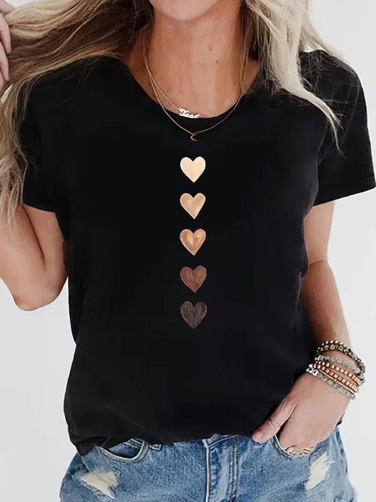 Women Heart Print Short Sleeve T-Shirt Casual Round Neck Summer Graphic Tee