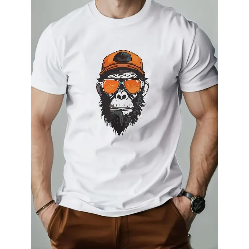 European sizes Men'S Casual Short-Sleeve Shirt with a Round Neck Featuring a Graphic Monkey Design