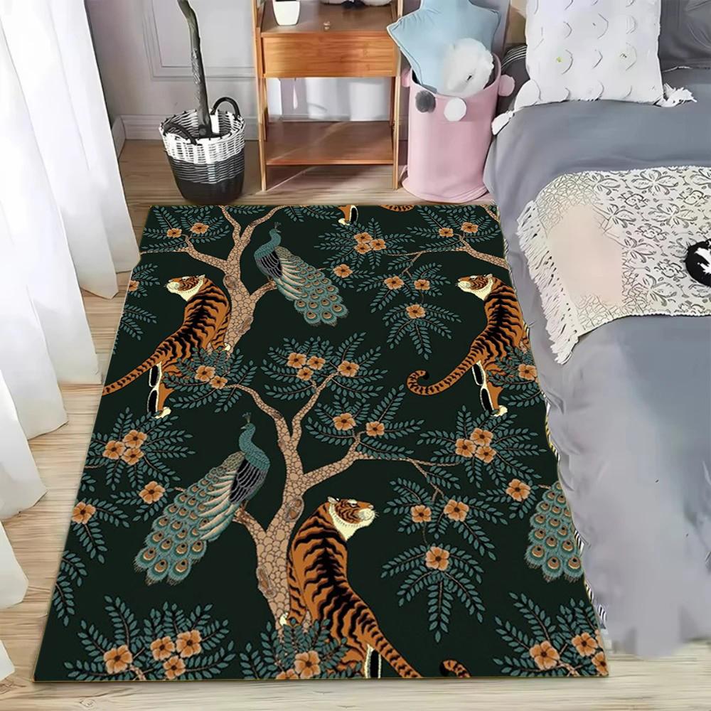 Chinese Style Tiger Printed Floor Mat Plant Flowers Tiger Carpet Soft Floor Mat Living Room Entrance Carpet