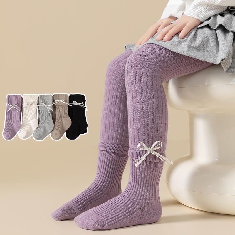 Girls Bowknot Cotton Tights Spring Autumn Vertical Striped Leggings For Kids Pure Color Versatile Children's Pantyhose 2-7Years