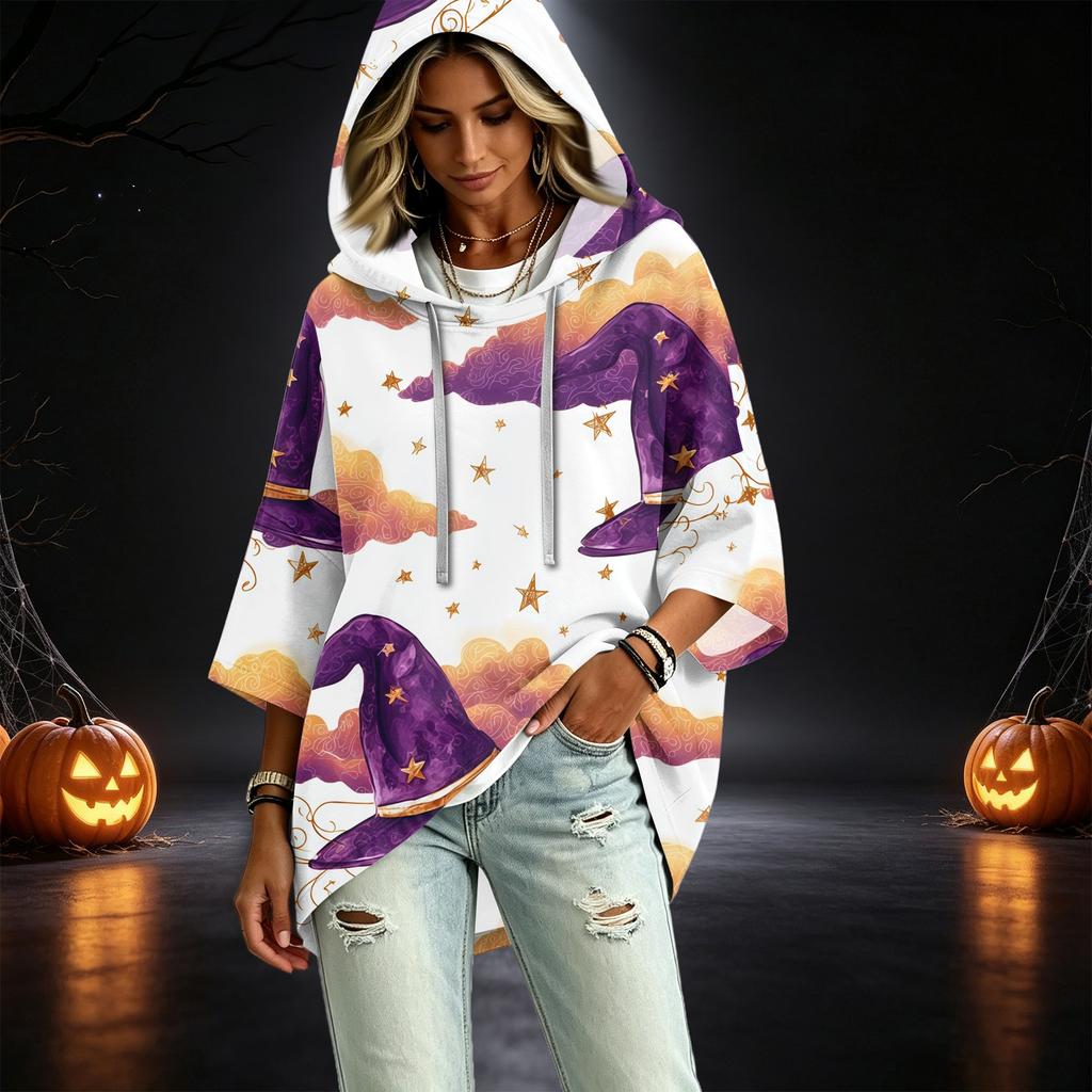 Women's Three-Quarter Sleeve Hoodie with Halloween Print Pullover Top
