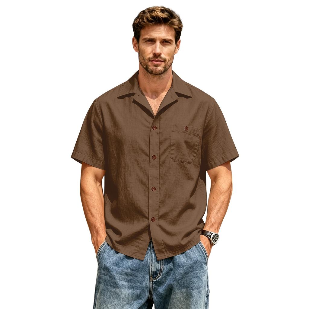 Men's Casual Short Sleeve Shirt Cotton Linen Blend Button Down Collar Lightweight Summer Top Beachwear