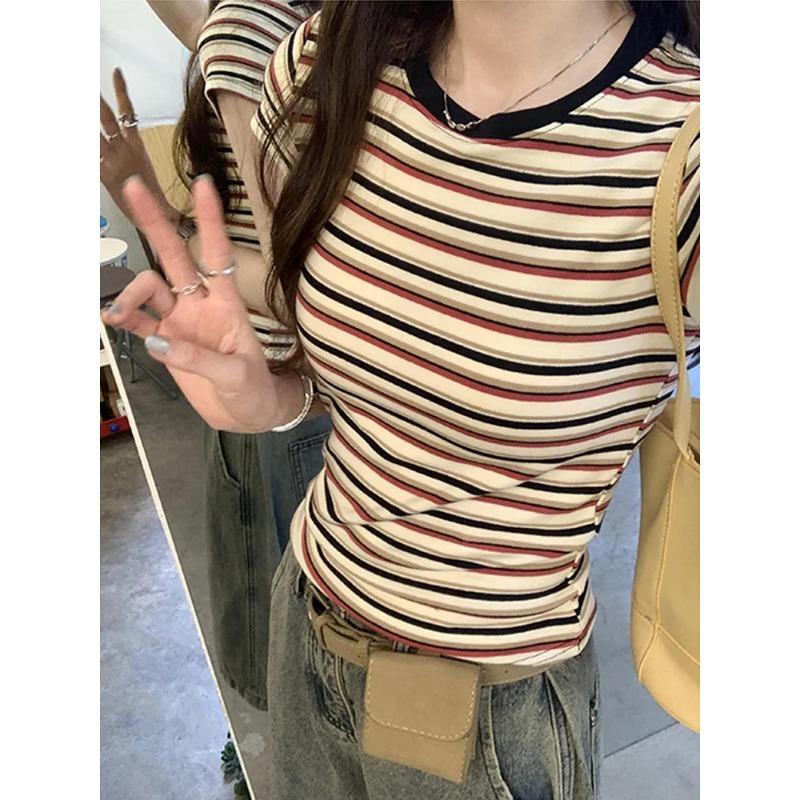 Contrast Striped Right Shoulder Short-sleeved T-shirt for Women Summer New Slim Fit Round Neck Short Top for Small People