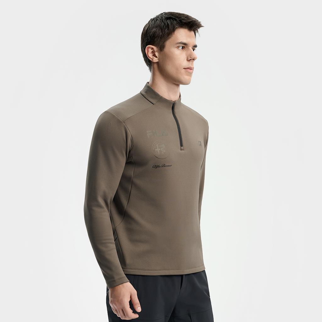 FILA Ski Series Fashionable Casual Sports Comfortable Fleece Warm Knitted Long Sleeve T-Shirt Men Tops Dark-Brown Gray A11M546204FBG