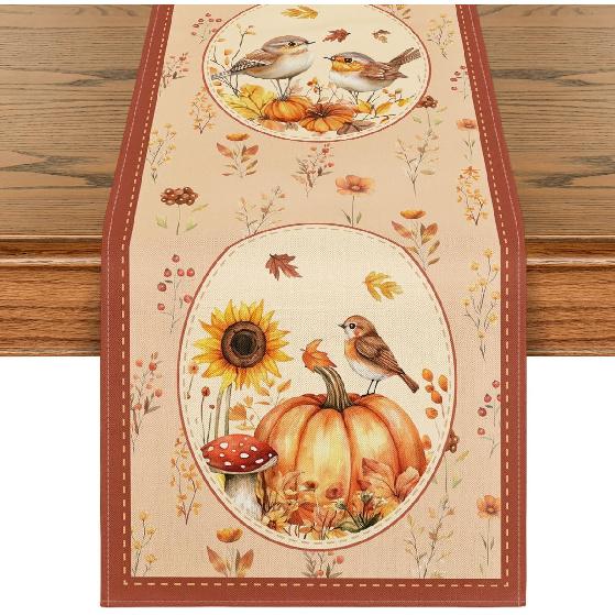 Artoid Mode Chinese Rural Style Pumpkin Bird Floral 210 GSM Fall Table Runner, Seasonal Autumn Kitchen Dining Table Decoration for Home Party Decor