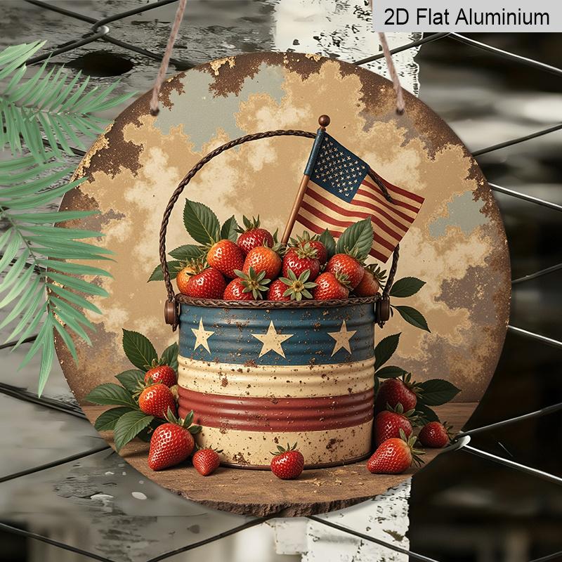 2D Flat, 1pc Retro American-Style Strawberry Basket Wall Art- Rustic Aluminum Metal Sign with Patriotic Stars And Stripes Pattern, Indoor/Outdoor