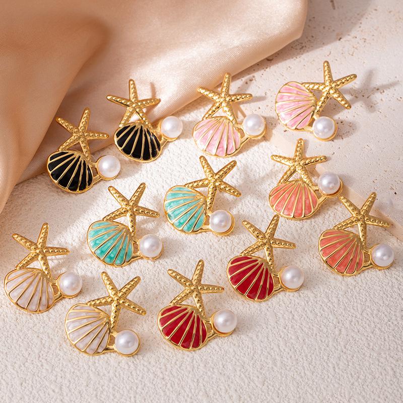 Colorful Drip Oil Starfish Mother-of-Pearl Pearl Stainless Steel Stud Earrings - Women's Non-Fading Light Luxury