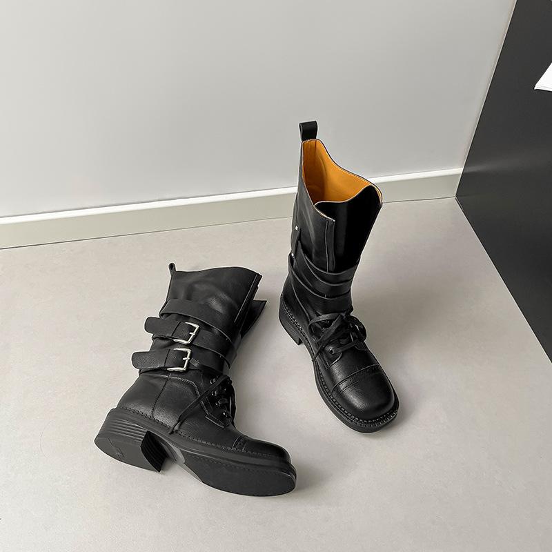 2025 autumn and winter new medium tube retro British style belt buckle lace-up Martin boots women's thick-soled heightening western boots women