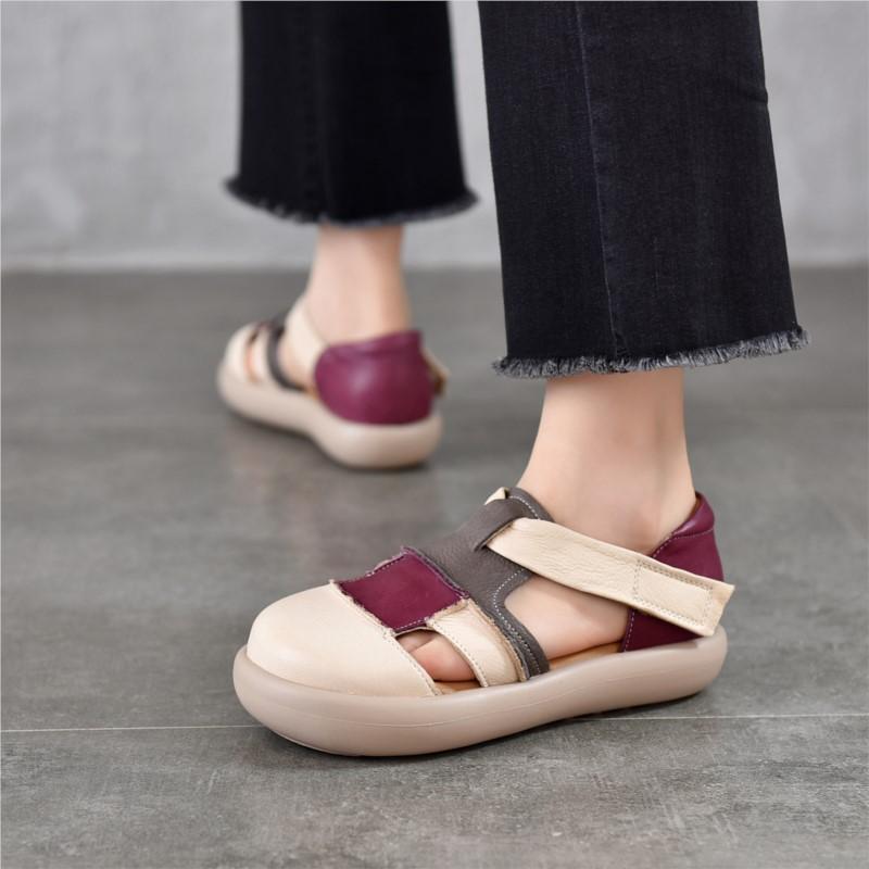 Johnature Genuine Leather Mixed Colors Hollow-out Sandals Casual Round Toe Thick Soled Women's Shoes