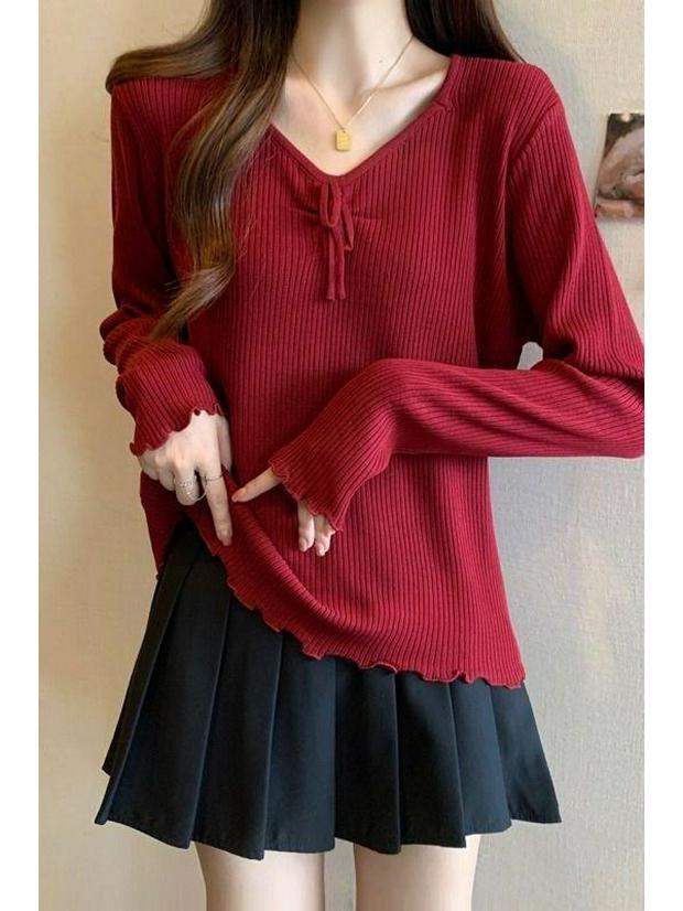 Women's Slimming V-Neck Long Sleeve Knitted Sweater, Plus Size, Versatile French Style, 2025 Autumn Collection.