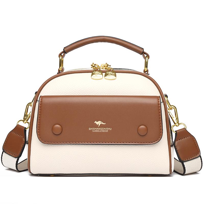 Women's PU leather top handle crossbody bag with multiple pockets, stylish contrasting color matching, and simple shoulder bag