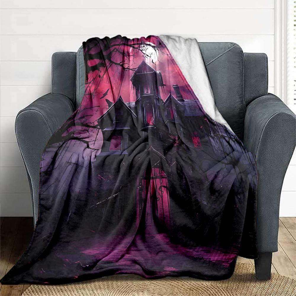 1pc Haunted House Moonlit Blanket, Lightweight Flannel Throw Blanket for Sofa, Bed, Travel, Camping, Living Room, Office, Couch052