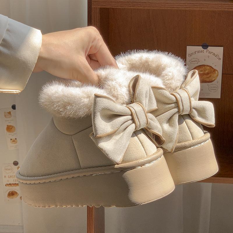 thick-soled cotton slippers, indoor warm and velvet snow boots in autumn and winter, and home bows and all-inclusive cotton shoes.