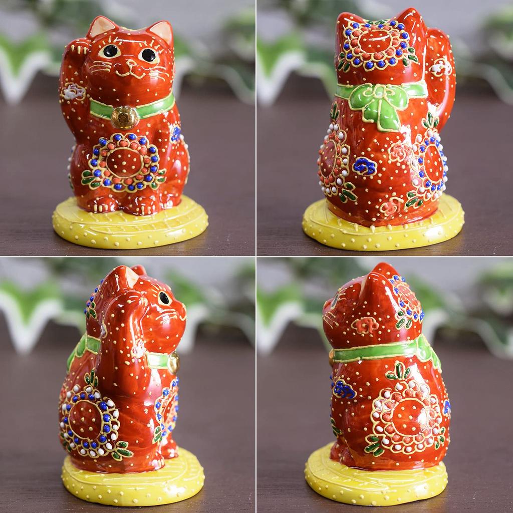 Stylish Kutani Ware Maneki Neko Riding an Reddish from Waza no Perfect for Store or as a Ornament, Right-Handed (Lucky Cat) Oval, Brown, Kura.