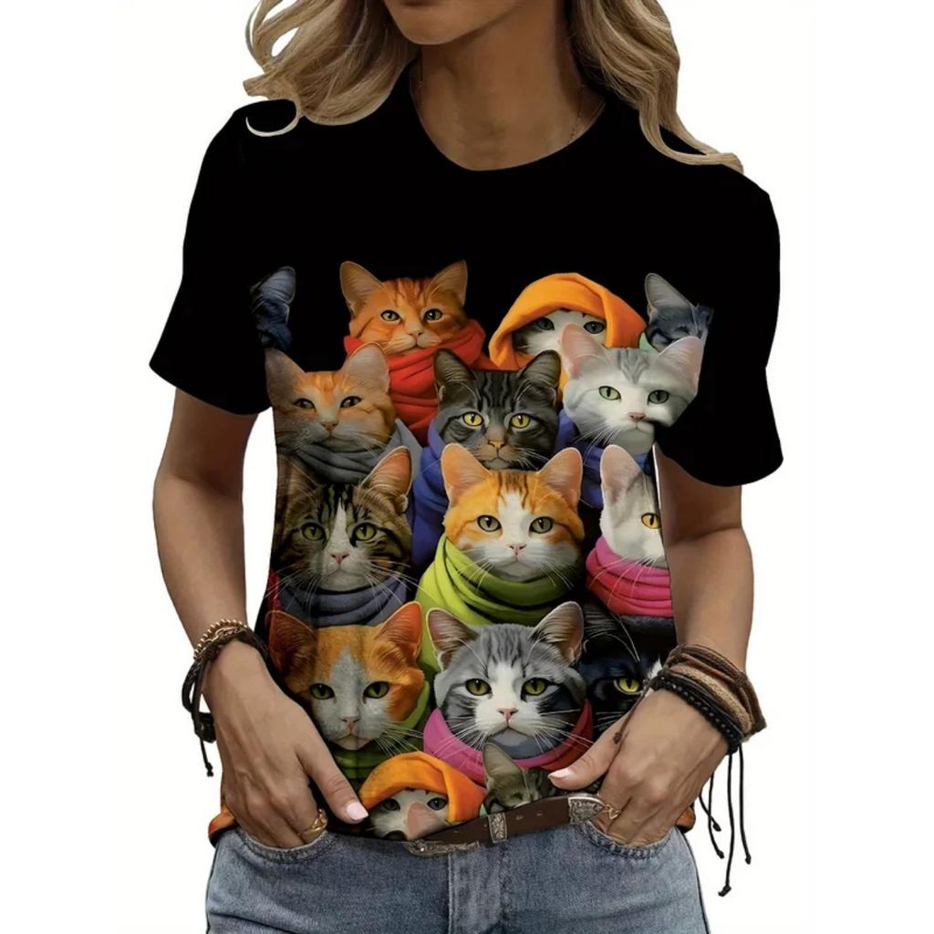 2025 Summer new women's 3D digital printed T-shirt creative animal pattern round neck casual short sleeve loose fashion top