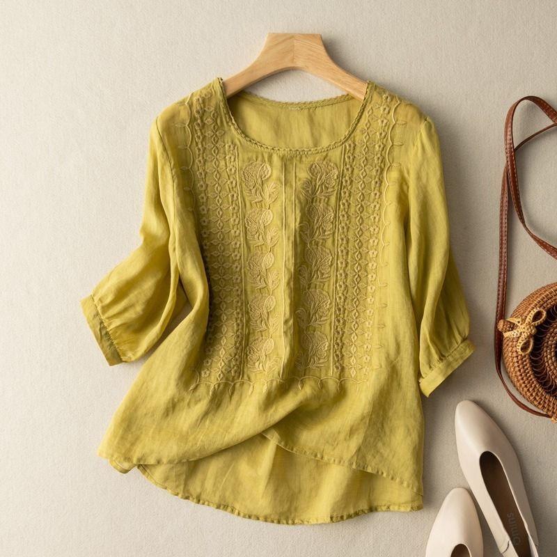 Top Traspiranti in Cotone e Lino Stile Retro per Donna Estate Nuovi Camicie Girocollo per Donna Ricamate Artistiche Sottili