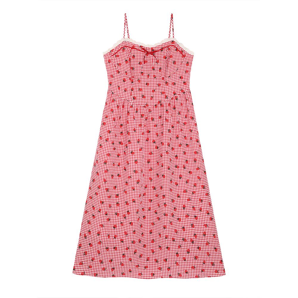 Plus Size Plaid Strawberry Lace Patchwork Camisole Dress 4XL (suggested for 180-200 jin)