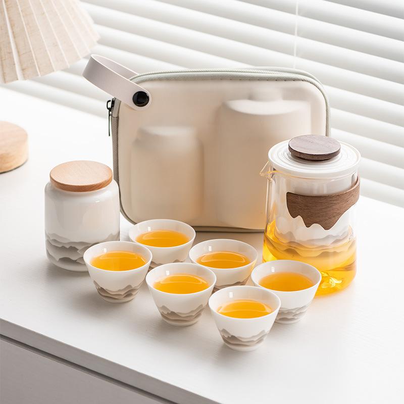 Suet Jade White Porcelain Guochao Ink and Wash Travel Tea Set, a Pot of Four or Six Cups, New Chinese Express Cup Light Luxury Business Gifts