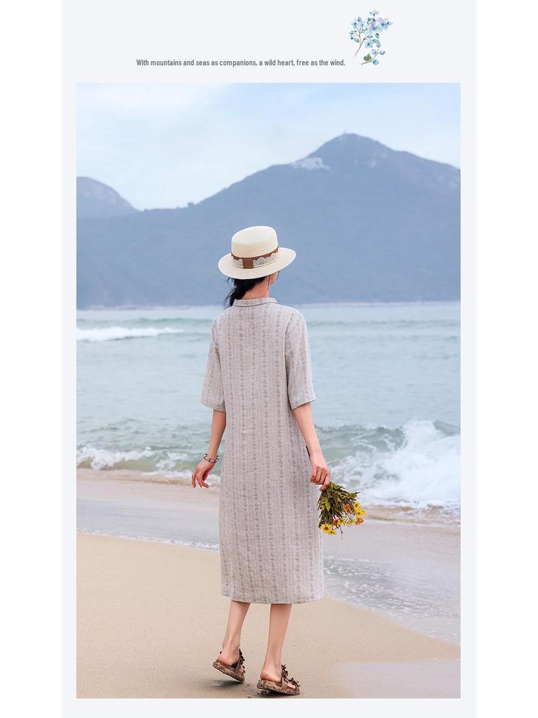 Women's Artistic Floral Print Linen Midi Dress - Summer, Loose Fit, Mid-Sleeve, Lapel Collar.