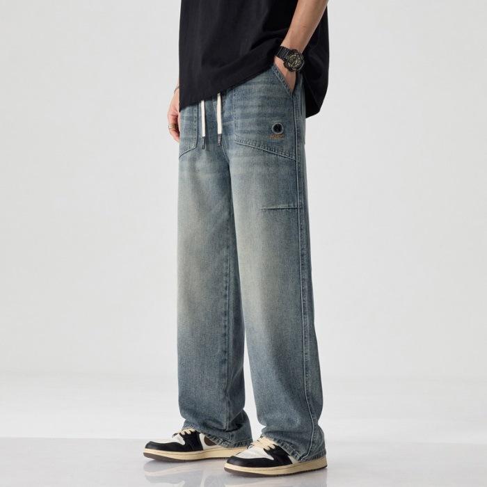 

Новые весенне-летние ретро американские джинсы свободного прямого кроя с драпировкой и широкими штанинами для мужчин 4XL синий