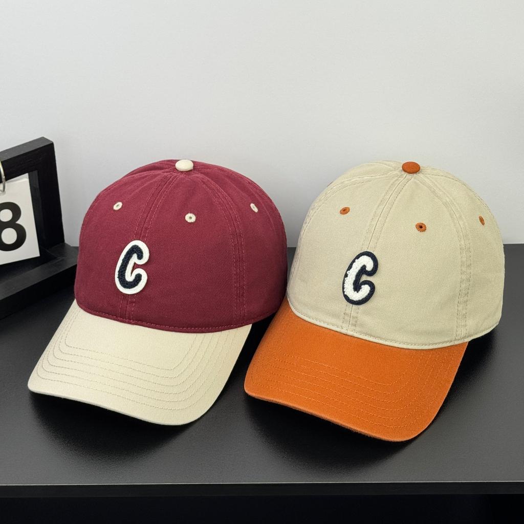 Fashion Hat Retro Color Matching Towel Embroidery C Standard Baseball Cap Men's and Women's Fashion Versatile Shade Cap Show Face Small Trend Couple