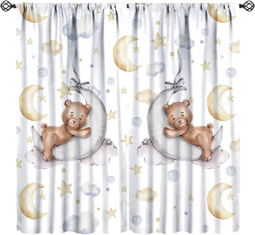 Cartoon Blue Bear Curta For Boys,Watercolor Little Cute Animal Aircrafts Hot Air Balloons Rainbow Window Drapes For Baby Boys