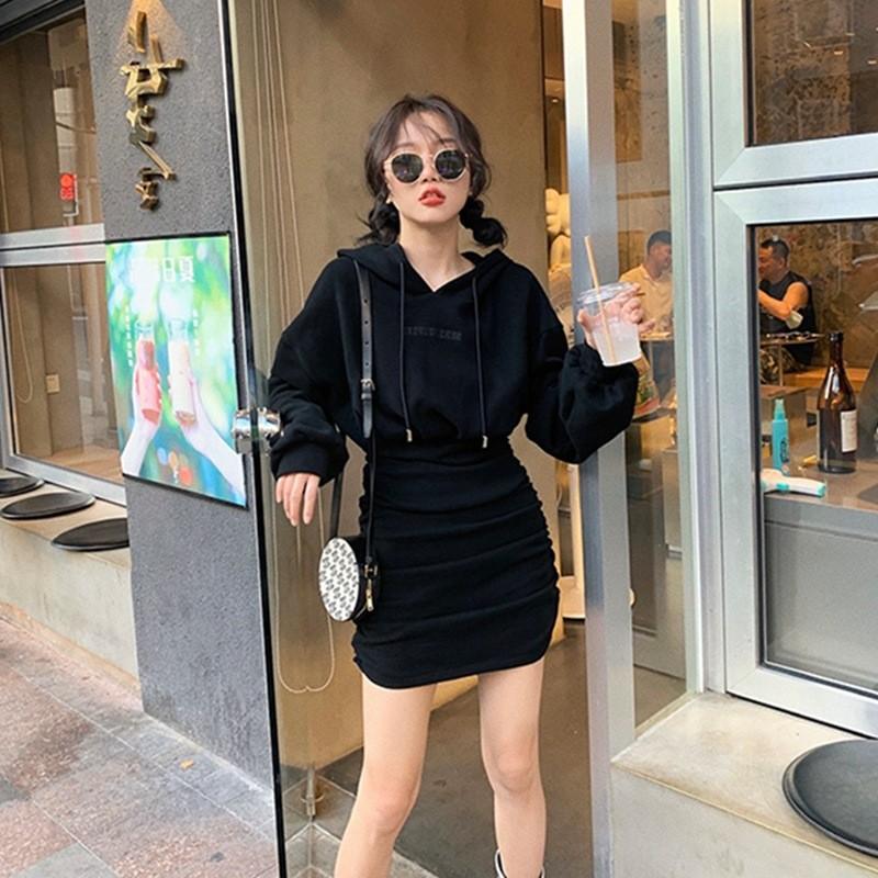 Korean Casual Hoodie Dress With Wrinkled Pencil Skirt Style For Autumn Women