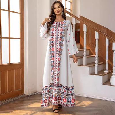 ZD028 Elegant Beaded Muslim Ethnic Long Dress with Printed Hot Stamping