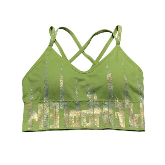 Women's Rhinestone Padded Sports Bra Seamless Cami Cropped Tank Top Crisscross Back Shiny Workout Bra